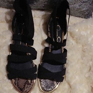 Jessica Simpson Black and Gold Strappy Sandals